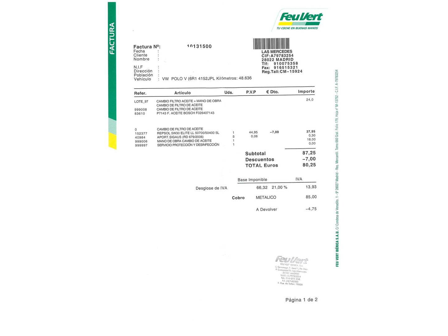 Foto del mantenimiento del Volkswagen Polo Volkswagen Polo A-Polo 1.0 BMT (75 CV)