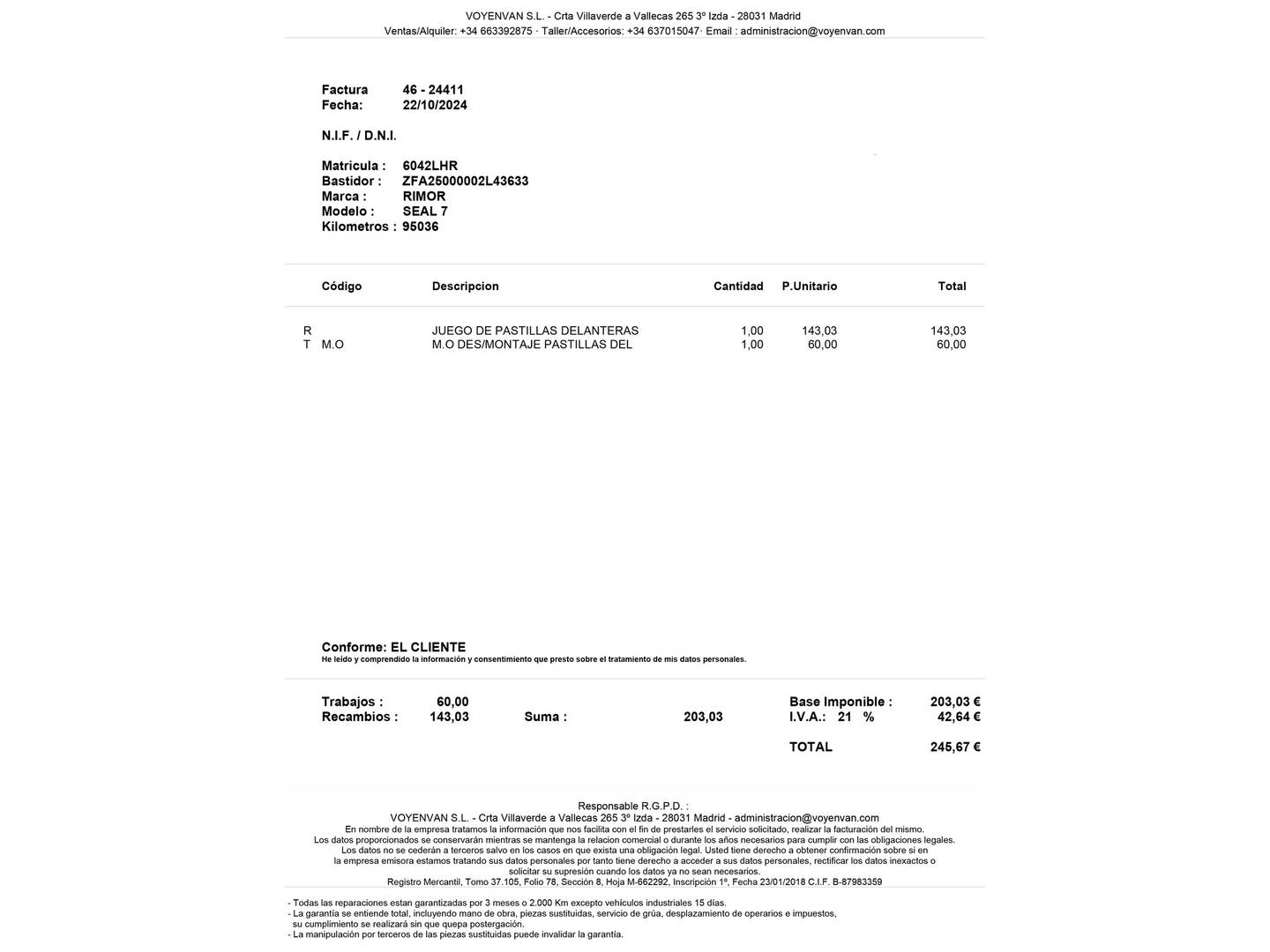 Foto del mantenimiento del Fiat Rimor Seal 7 Fiat Rimor Seal 7 2.3 DS (130 CV) 4 Plazas