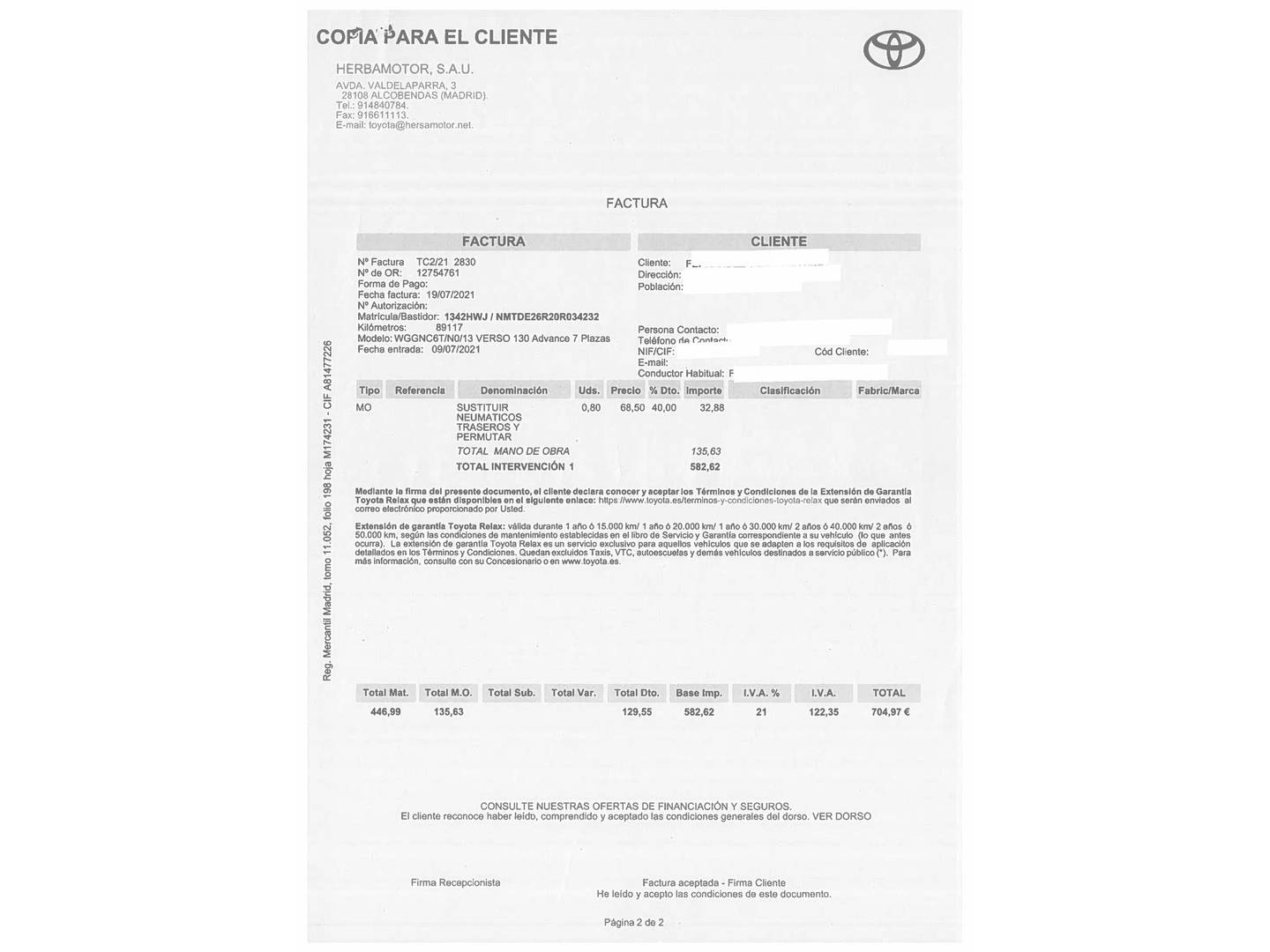 Foto del mantenimiento del Toyota Verso Toyota Verso 130 Advance (132 CV)