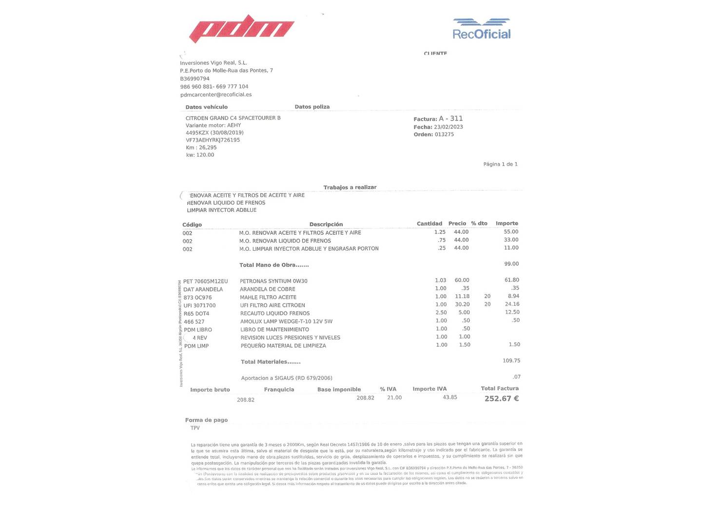 Foto del mantenimiento del Citroën Grand C4 Spacetourer Citroën Grand C4 Spacetourer BlueHDi 150 S&S Shine EAT8 (163 CV) 7 Plazas