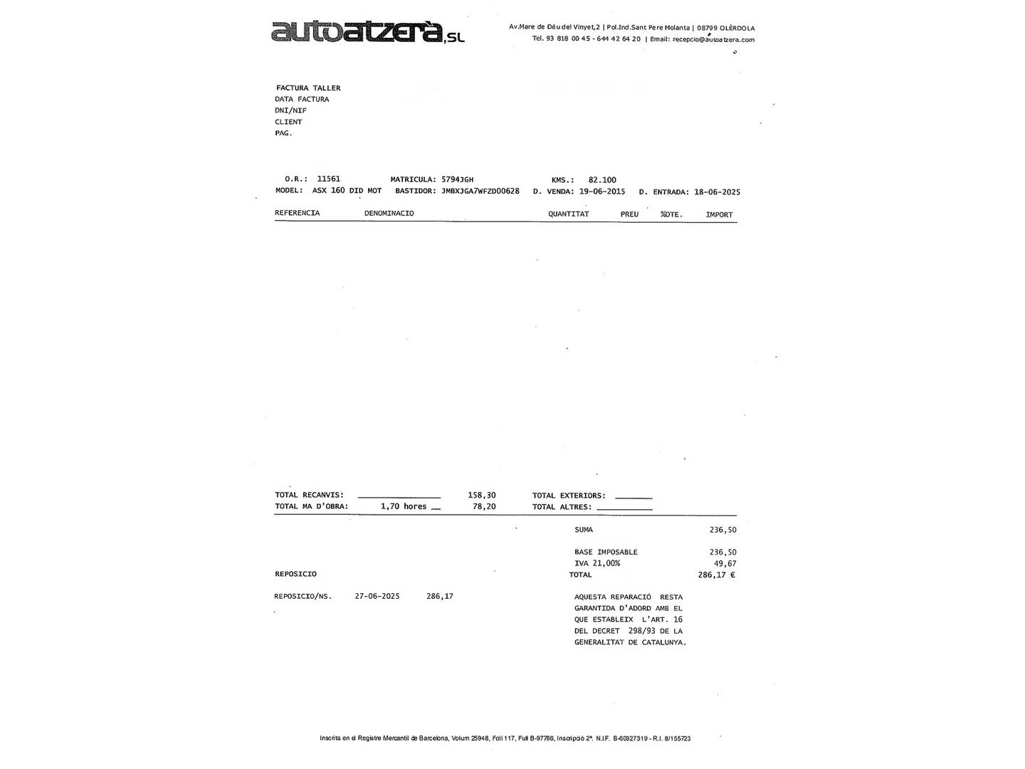 Foto del mantenimiento del Mitsubishi ASX Mitsubishi ASX 160 DI-D Motion (114 CV)