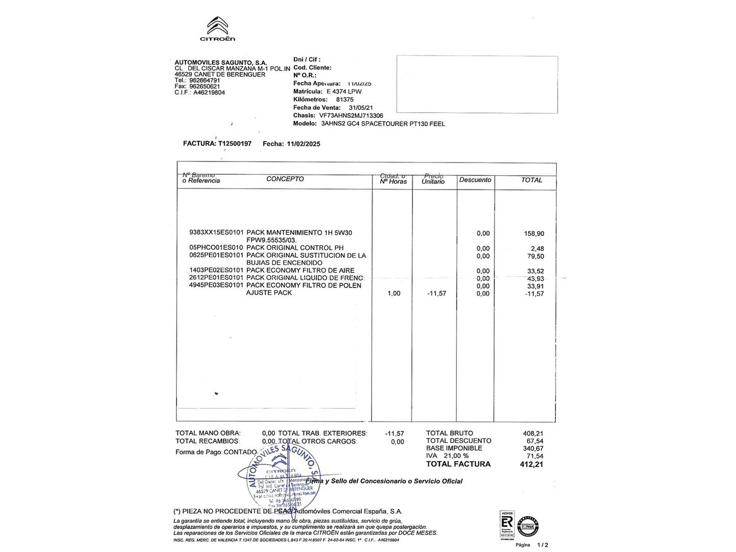 Foto del mantenimiento del Citroën Grand C4 Spacetourer Citroën Grand C4 Spacetourer PureTech 130 6v S&S Shine (130 CV) 7 Plazas