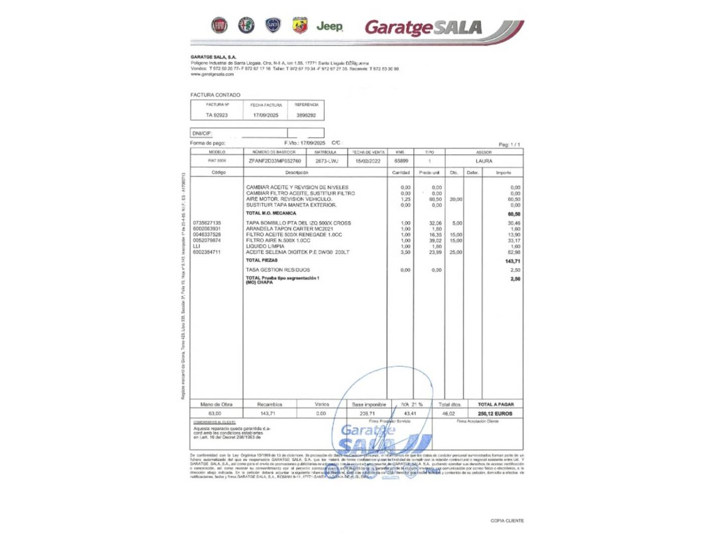 Foto del mantenimiento del Fiat 500X Fiat 500X 1.0 Firefly T3 S&S Cross (120 CV)