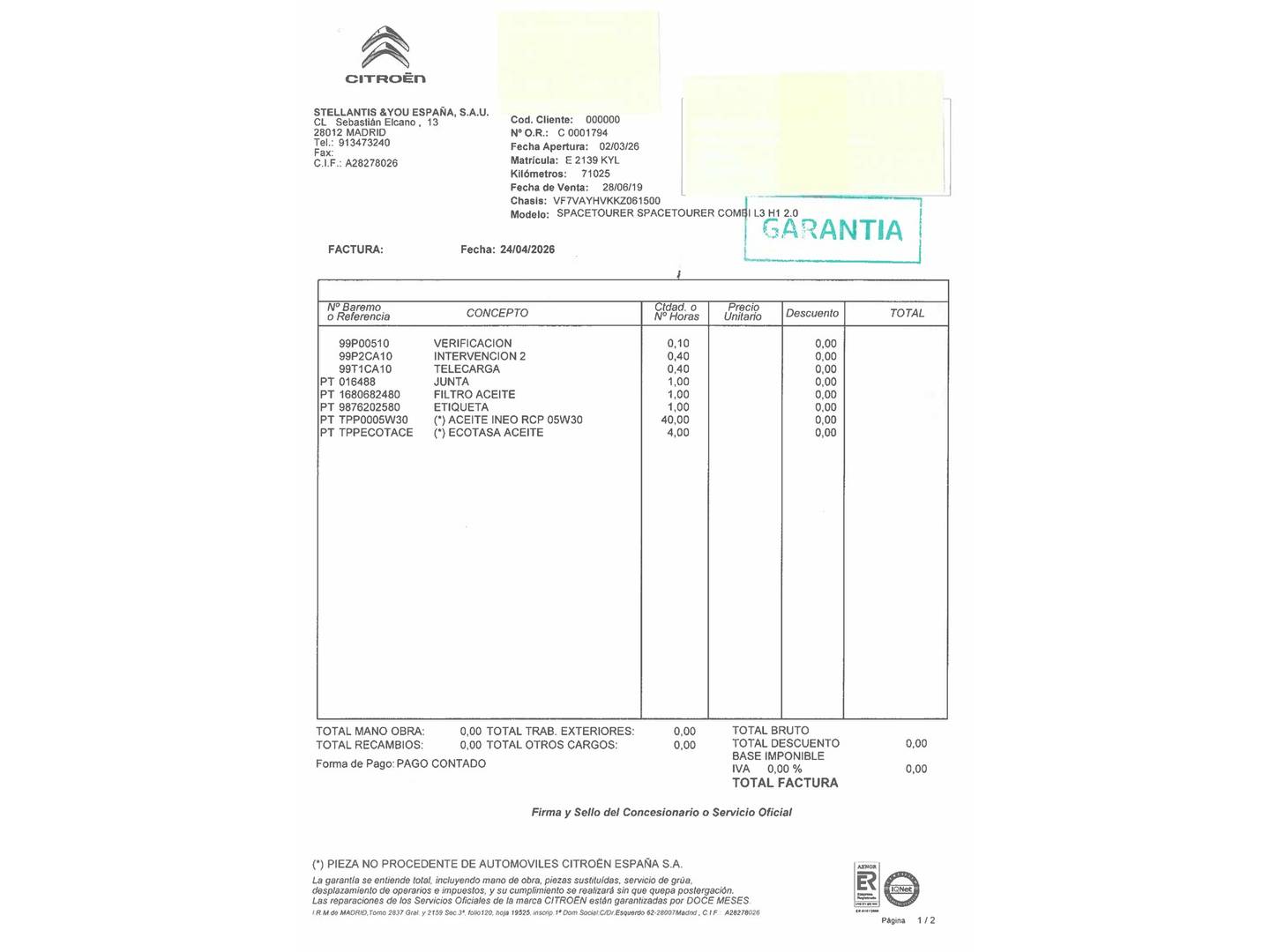 Foto del mantenimiento del Citroën Spacetourer Citroën Spacetourer BlueHDi 120 Talla M Business (120 CV)