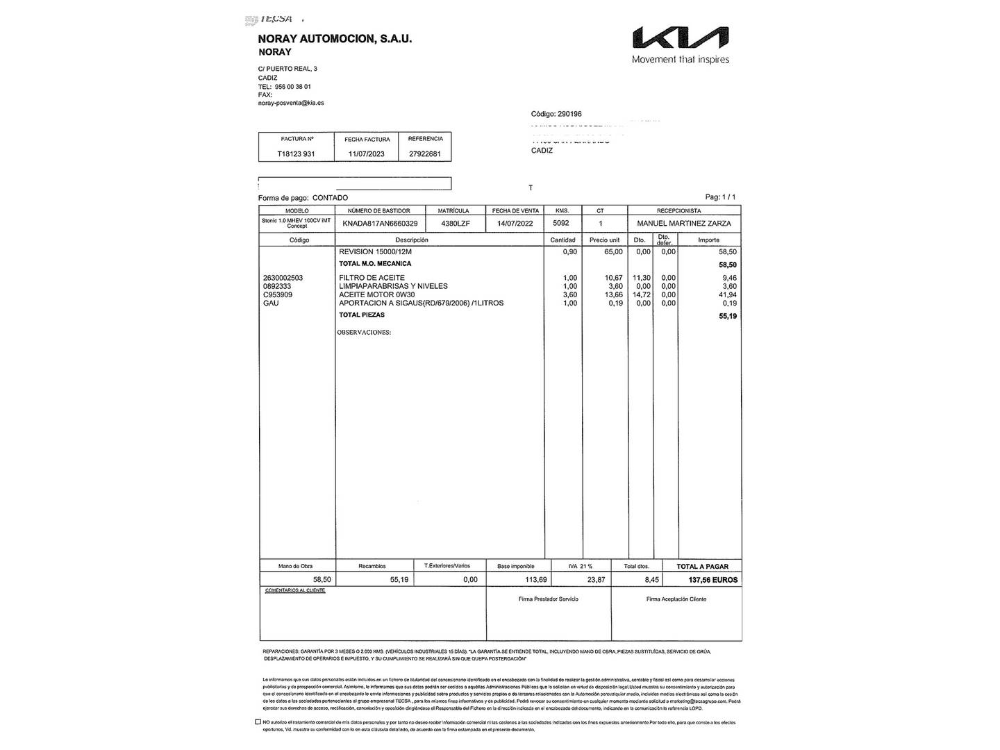 Foto del mantenimiento del KIA Stonic KIA Stonic 1.0 T-GDi MHEV iMT Concept (100 CV)