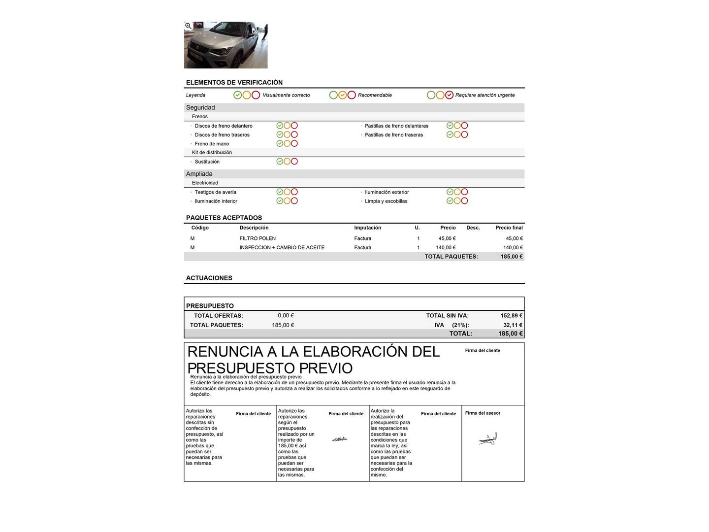 Foto del mantenimiento del Seat Arona Seat Arona 1.0 TSI Ecomotive Xcellence DSG (110 CV)