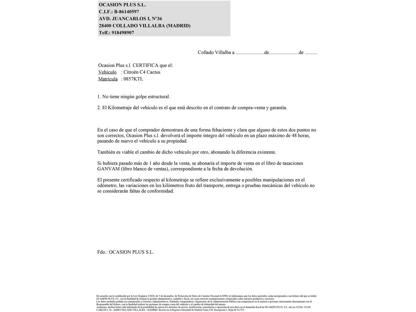 Foto del certificado del Citroën C4 Cactus Citroën C4 Cactus PureTech 110 S&S Shine (110 CV)