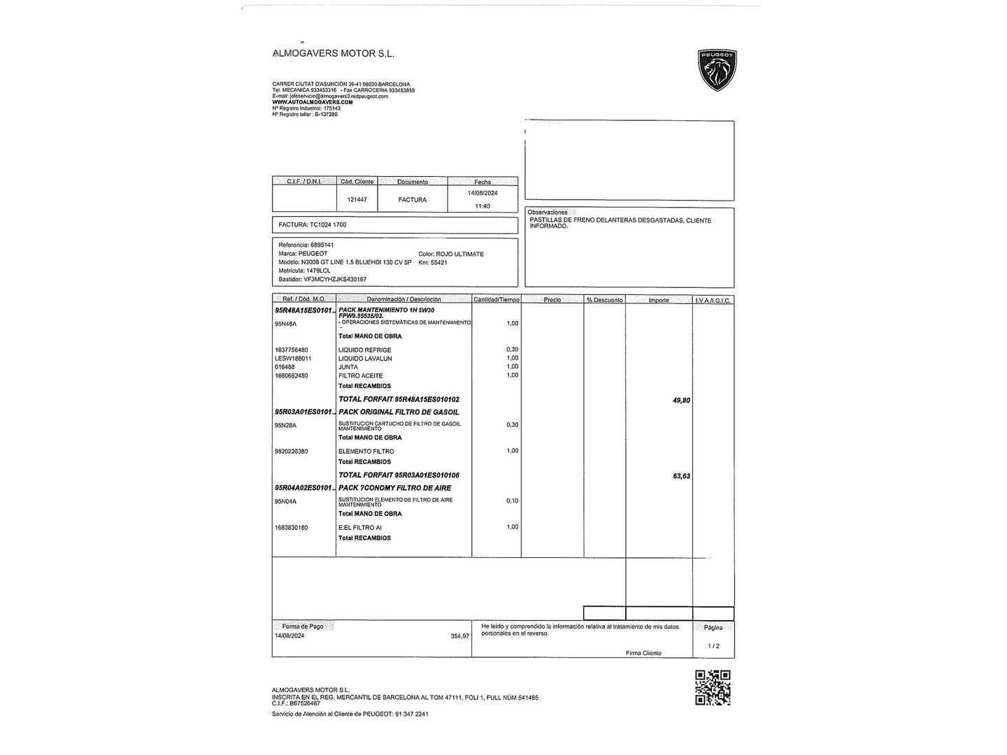 Foto del mantenimiento del Peugeot 3008 Peugeot 3008 BlueHDI 130 S&S GT Line (130 CV)