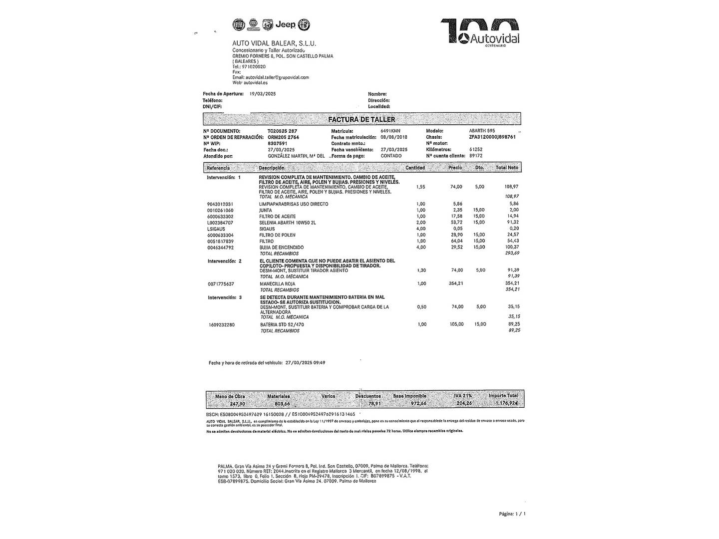 Foto del mantenimiento del Abarth 500 Abarth 500 1.4 16v T-Jet 595 Competizione (180 CV)