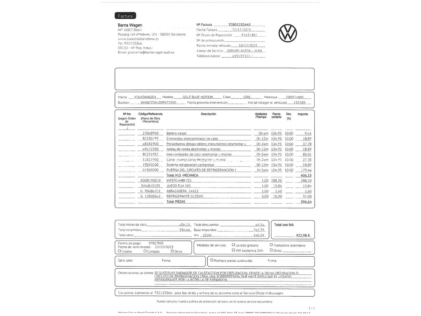 Foto del mantenimiento del Volkswagen Golf Volkswagen Golf Variant Business & Navi 1.6 TDI BMT (110 CV)