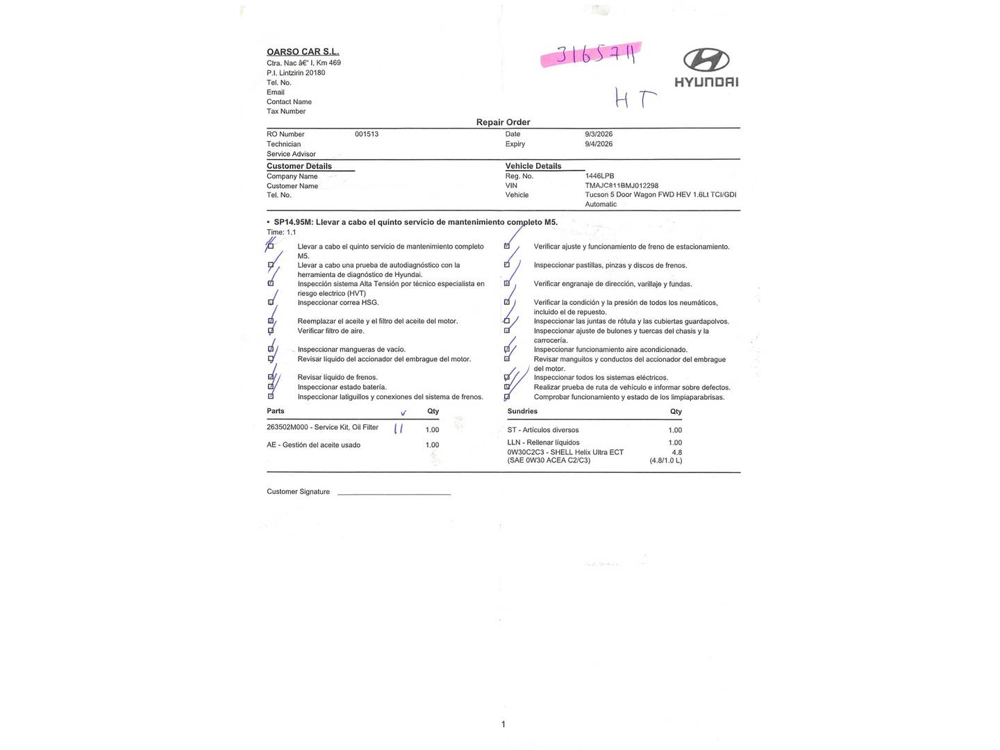 Foto del mantenimiento del Hyundai Tucson Hyundai Tucson 1.6 TGDI HEV Maxx Sky DCT (230 CV)