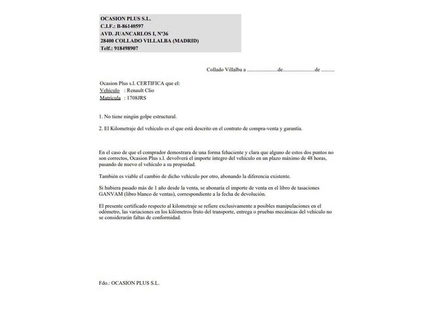 Foto del certificado del Renault Clio Renault Clio Limited 1.2 16v (75 CV)