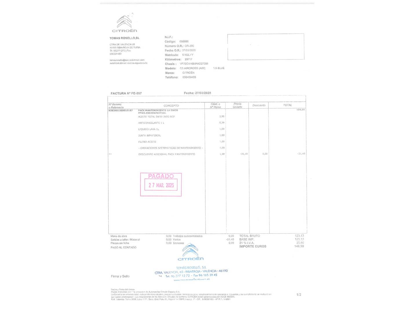 Foto del mantenimiento del Citroën C3 Aircross Citroën C3 Aircross BlueHDi 110 S&S Feel Pack (110 CV)