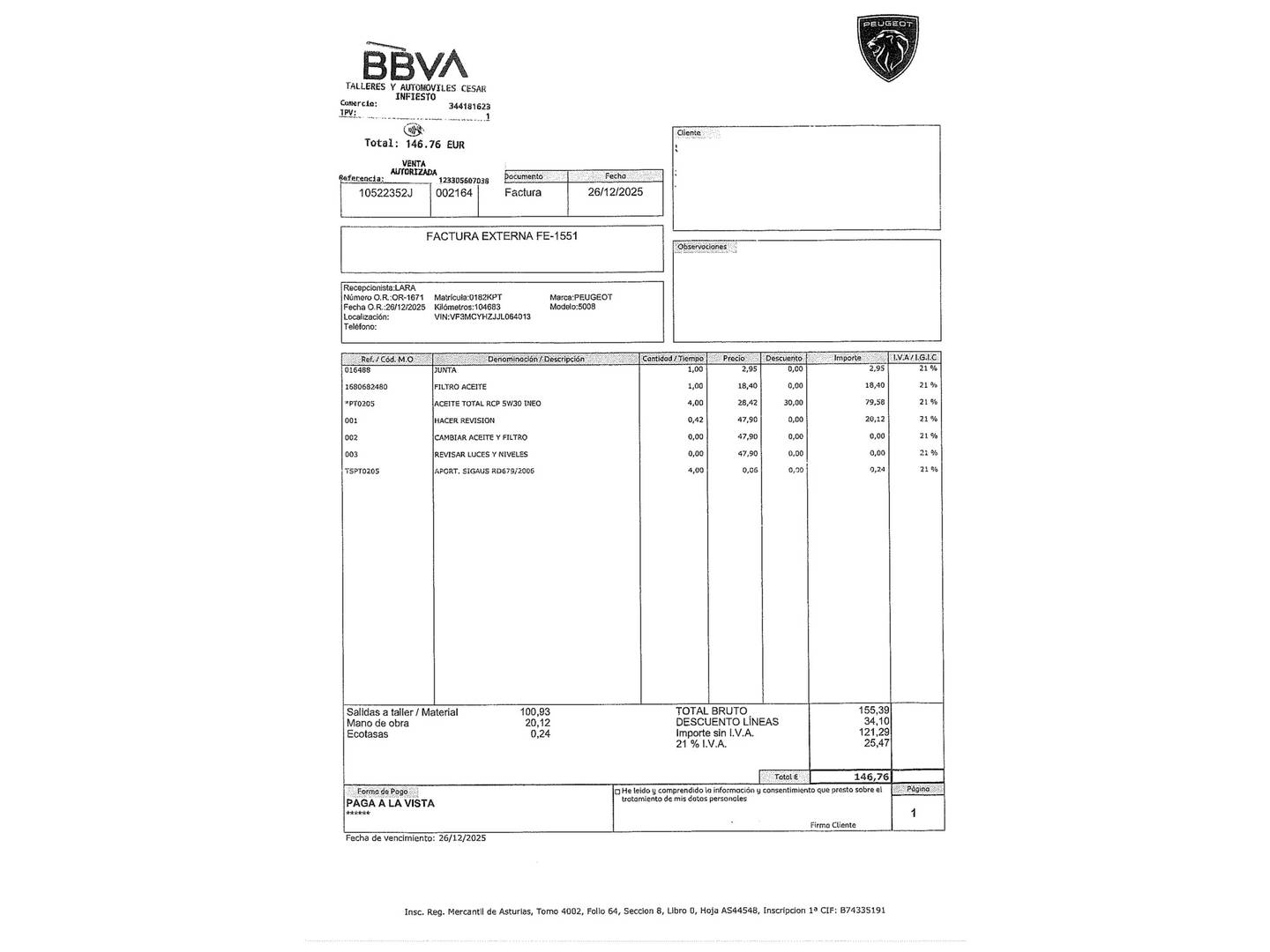 Foto del mantenimiento del Peugeot 5008 Peugeot 5008 1.5L BlueHDi S&S GT Line (130 CV) 7 Plazas