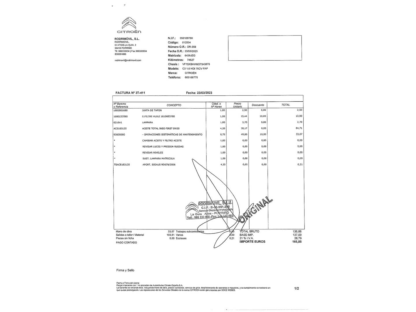 Foto del mantenimiento del Citroën C3 Citroën C3 BlueHDi 75 S&S Shine (75 CV)