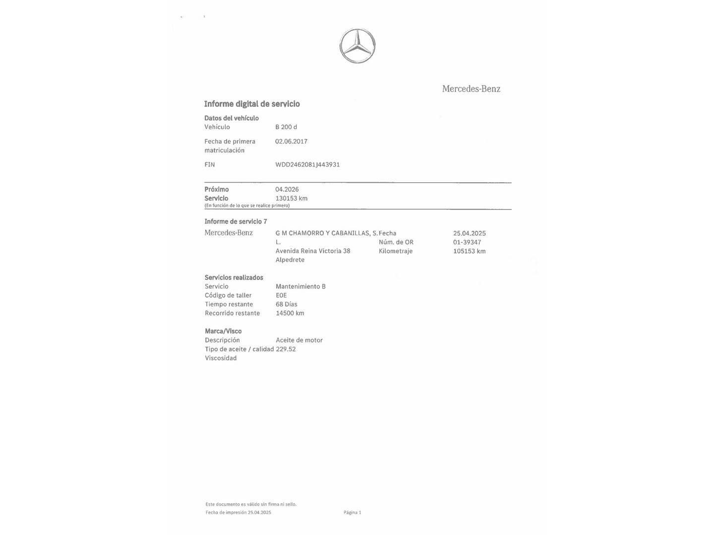 Foto del mantenimiento del Mercedes Clase B Mercedes Clase B 200 d (136 CV)