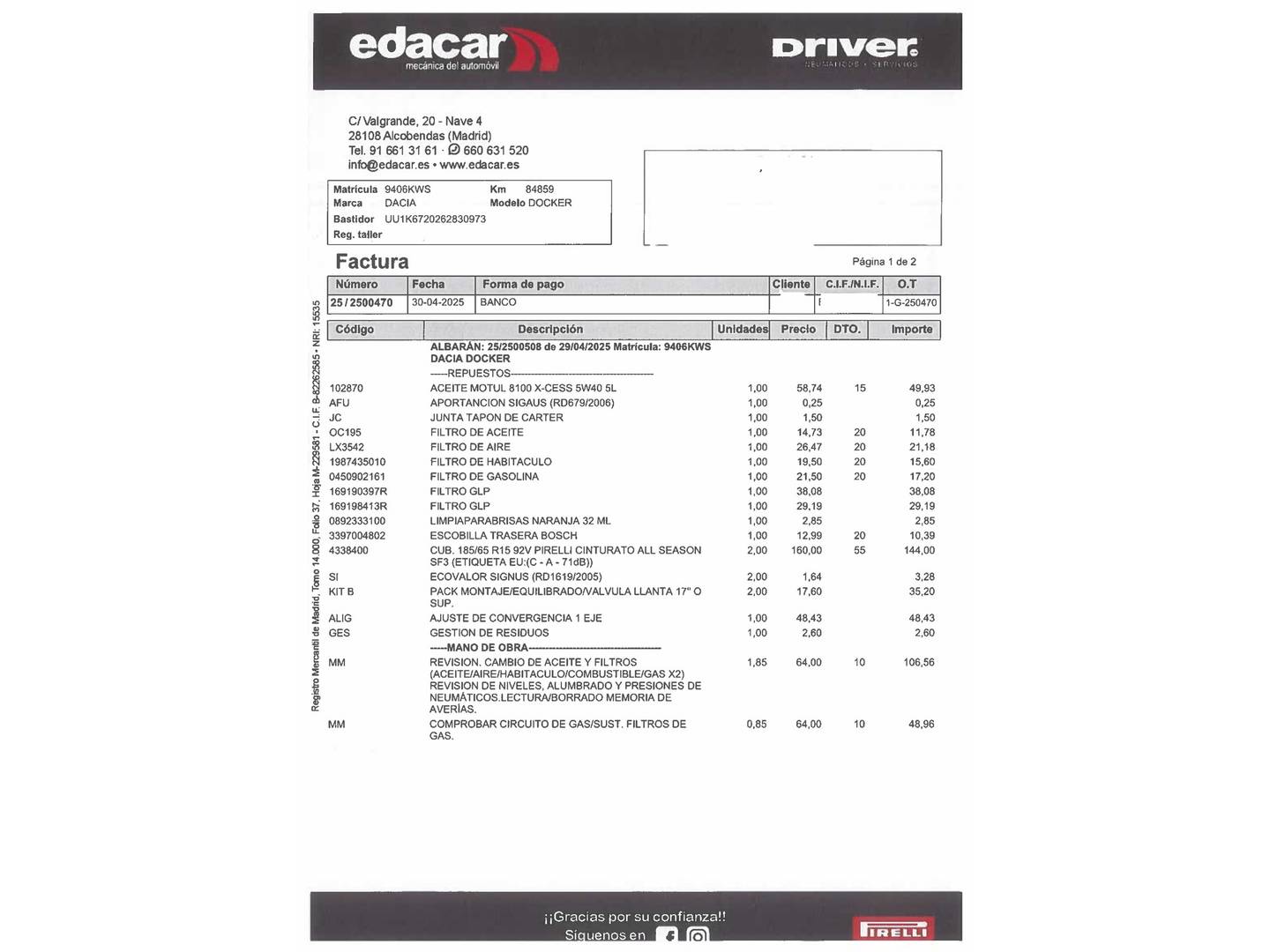 Foto del mantenimiento del Dacia Dokker Dacia Dokker Essential 1.6 (100 CV) GLP