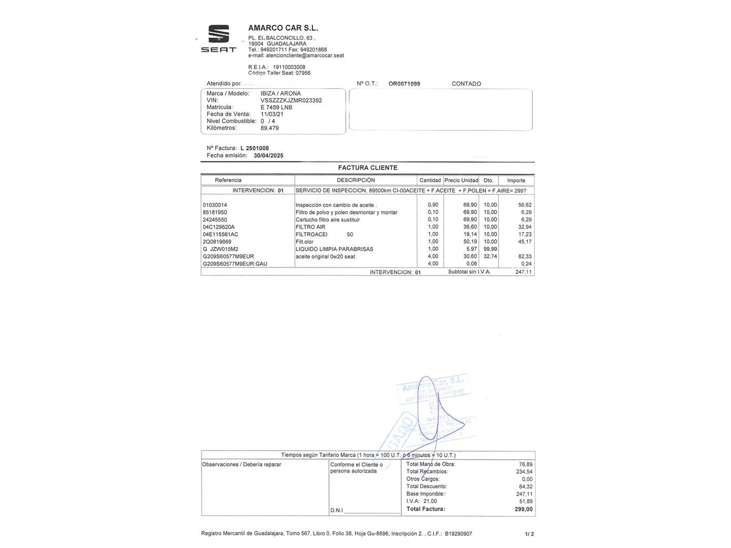 Foto del mantenimiento del Seat Ibiza Seat Ibiza 1.0 TGI FR Go (90 CV)