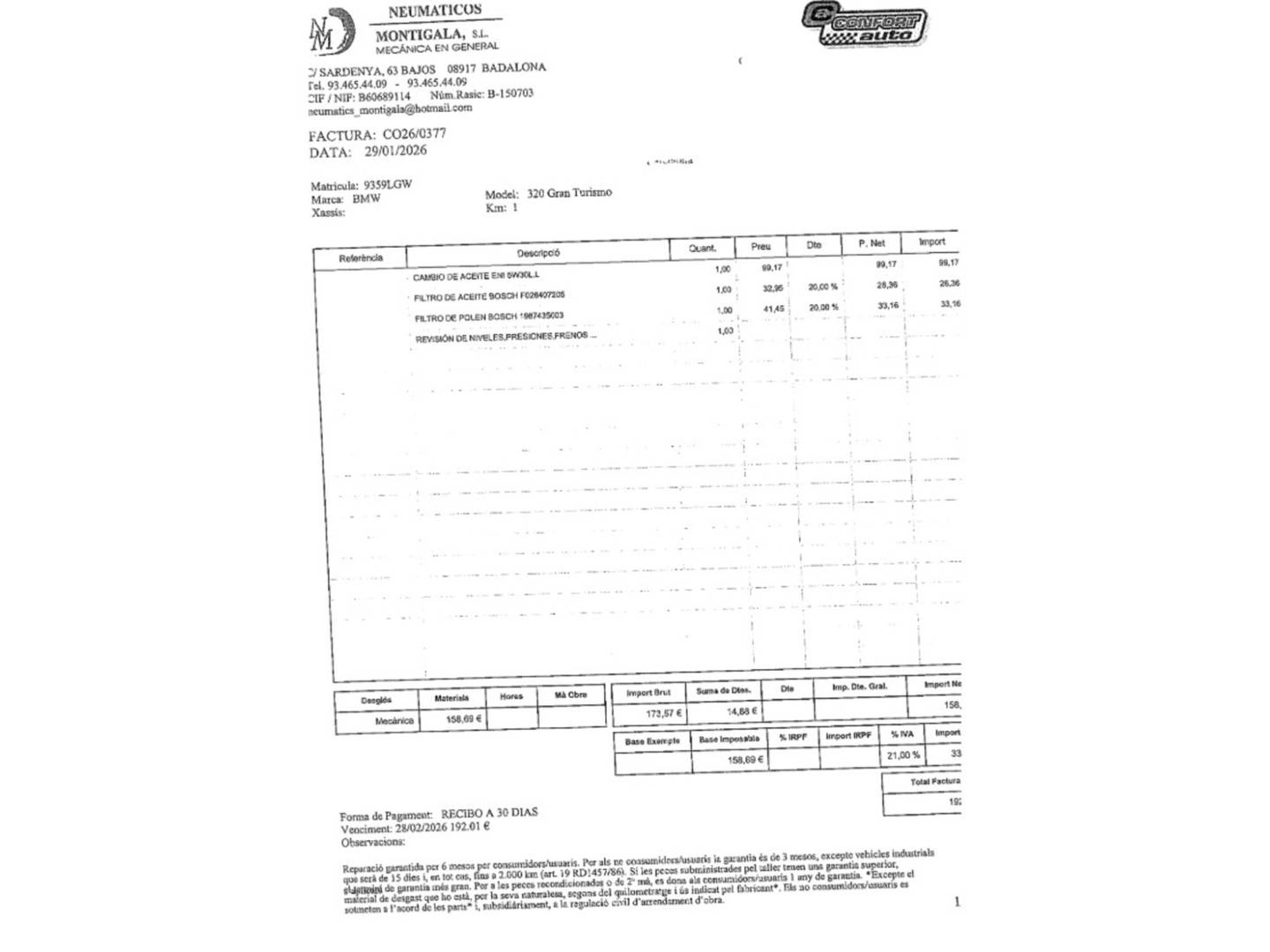 Foto del mantenimiento del BMW Serie 3 BMW Serie 3 320i Gran Turismo (184 CV)