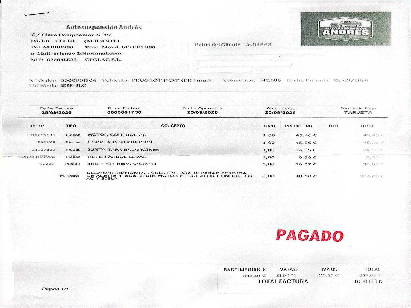 Foto del mantenimiento del Peugeot Partner Peugeot Partner Tepee Tepee BlueHDi 100 Active (100 CV)