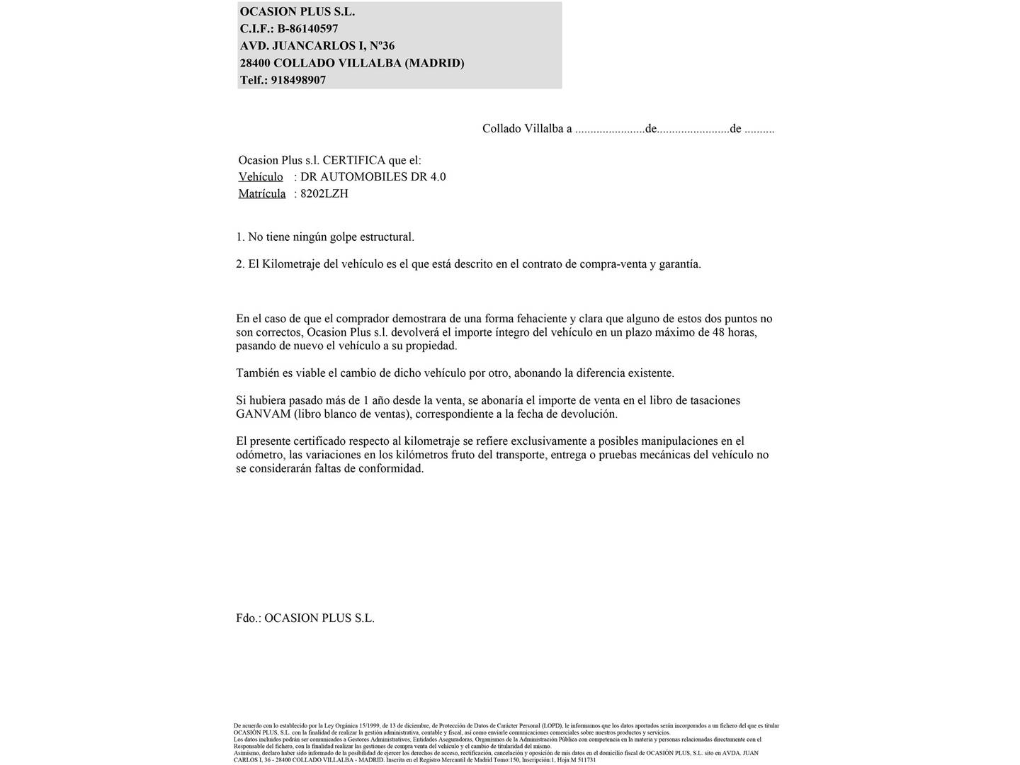 Foto del certificado del DR AUTOMOBILES DR 4.0 DR AUTOMOBILES DR4 1.5 (116 CV)