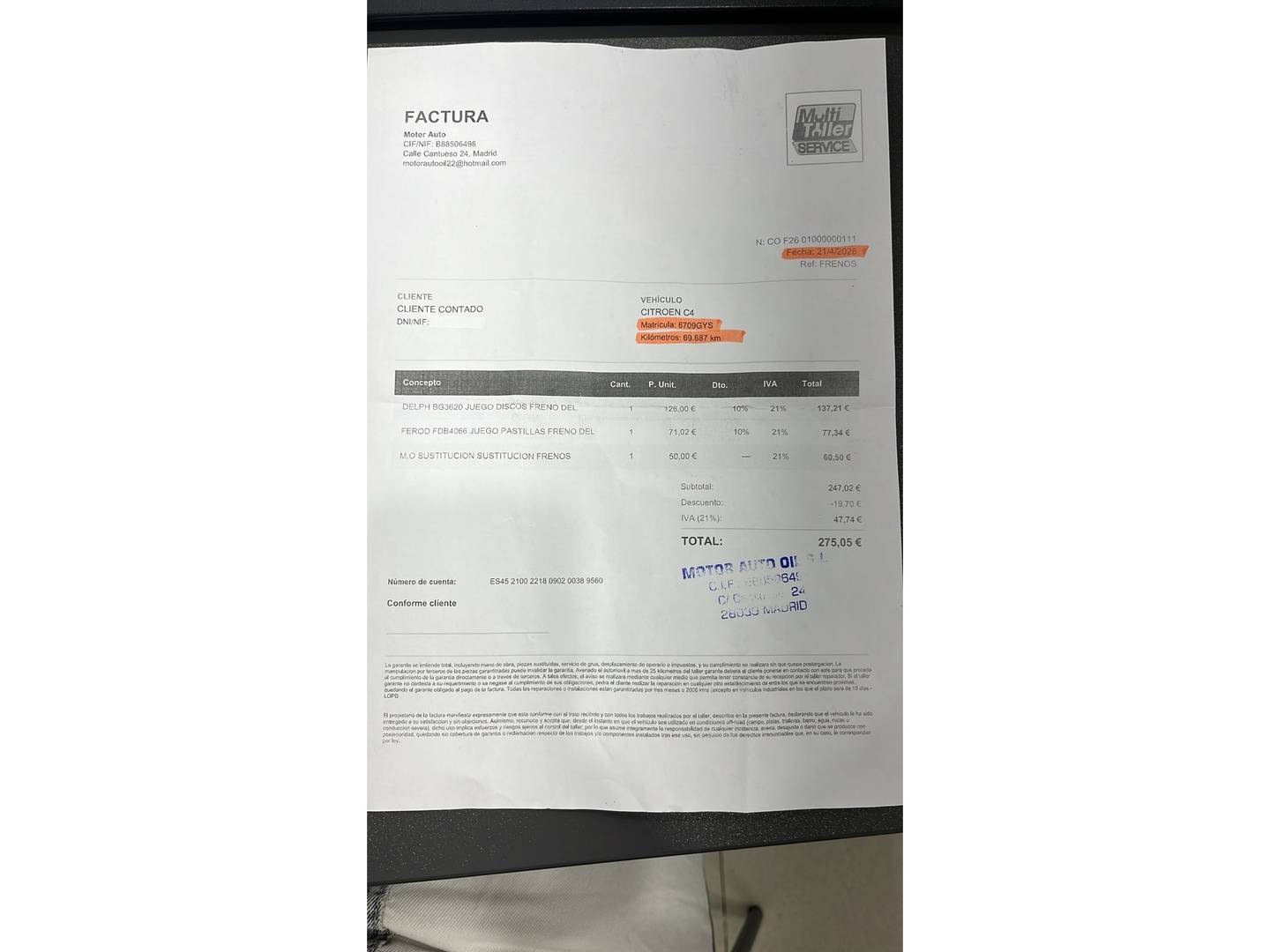 Foto del mantenimiento del Citroën C4 Citroën C4 1.4i 16v LX (88 CV)