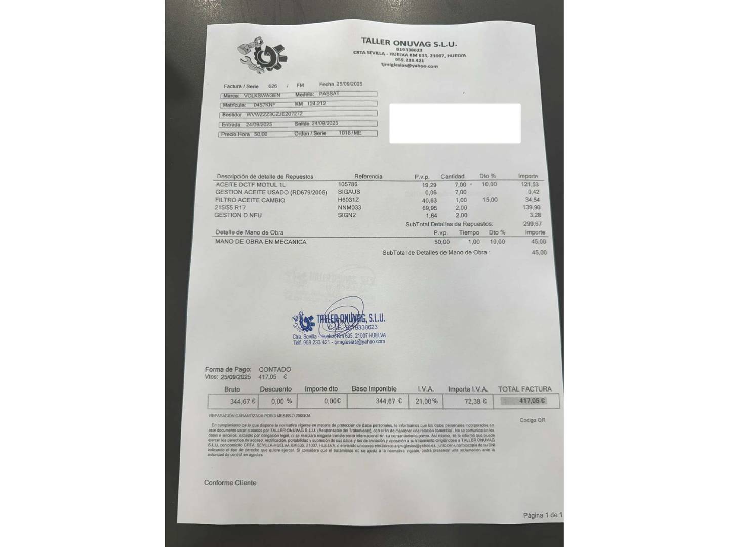 Foto del mantenimiento del Volkswagen Passat Volkswagen Passat Advance 2.0 TDI (150 CV) DSG