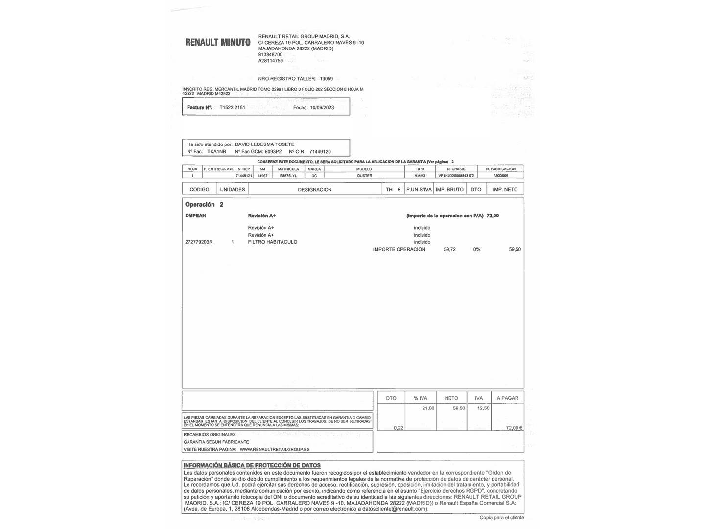 Foto del mantenimiento del Dacia Duster Dacia Duster Prestige TCE (150 CV) EDC