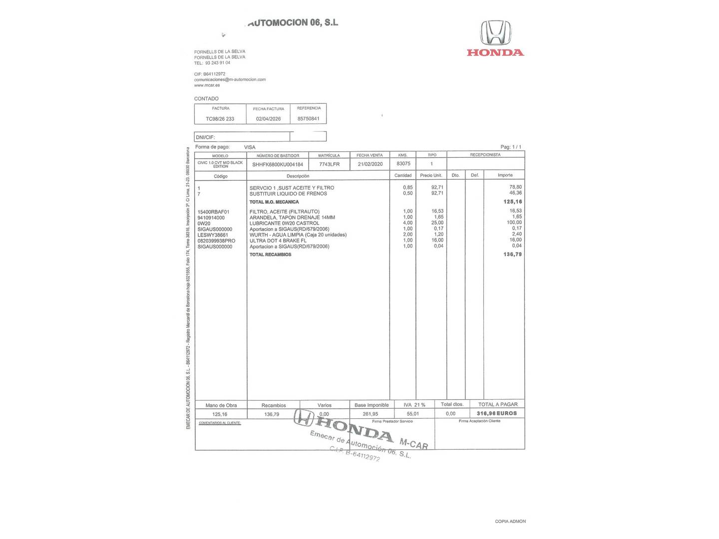 Foto del mantenimiento del Honda Civic Honda Civic 1.0 I-VTEC Turbo Dynamic Nav CVT (129 CV)