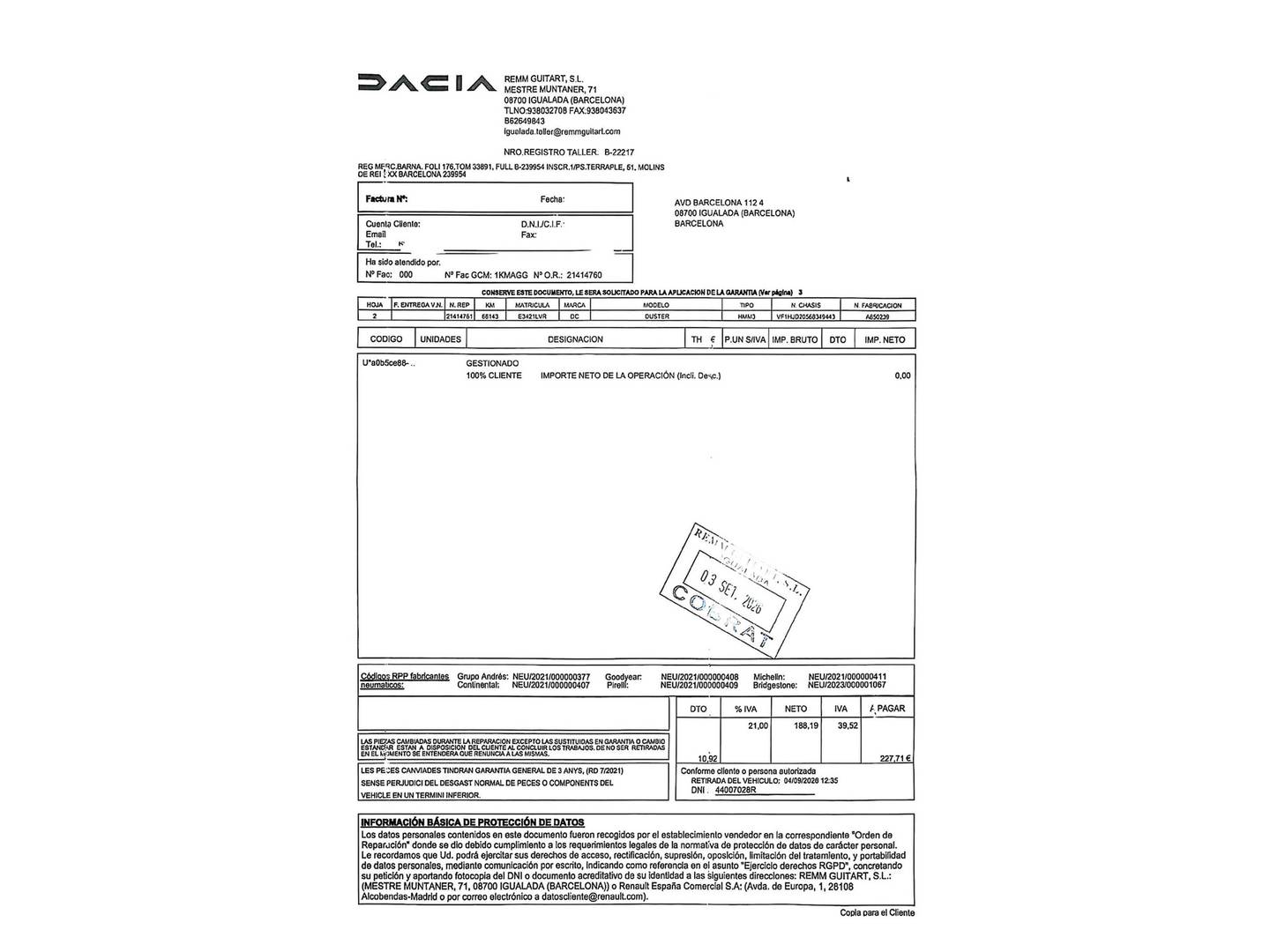 Foto del mantenimiento del Dacia Duster Dacia Duster Prestige TCE (150 CV) EDC