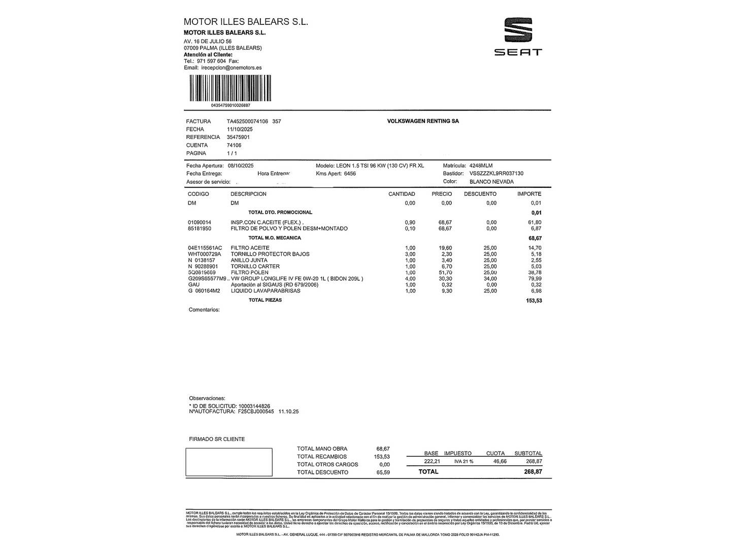 Foto del mantenimiento del Seat León Seat León 1.5 TSI S&S FR XL (130 CV)