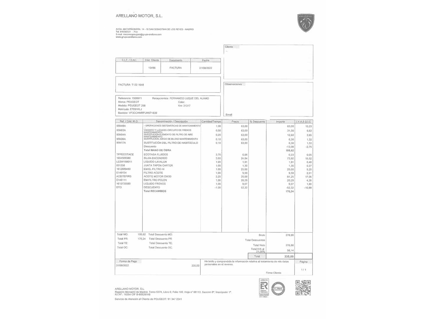 Foto del mantenimiento del Peugeot 208 Peugeot 208 PureTech 82 Style (82 CV)