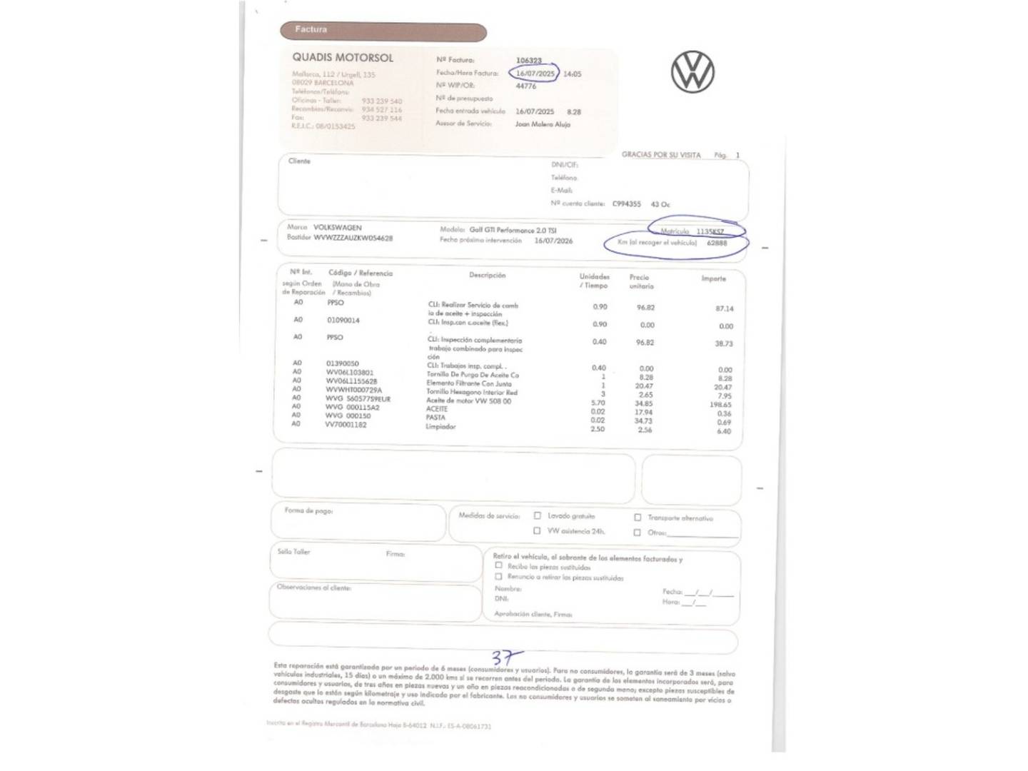 Foto del mantenimiento del Volkswagen Golf Volkswagen Golf Performance 2.0 TSI (245CV) DSG