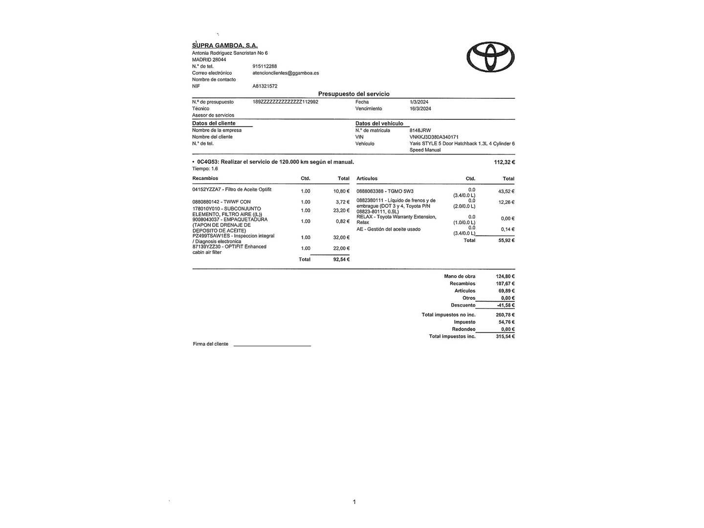 Foto del mantenimiento del Toyota Yaris Toyota Yaris 1.3 100 Feel (99 CV)
