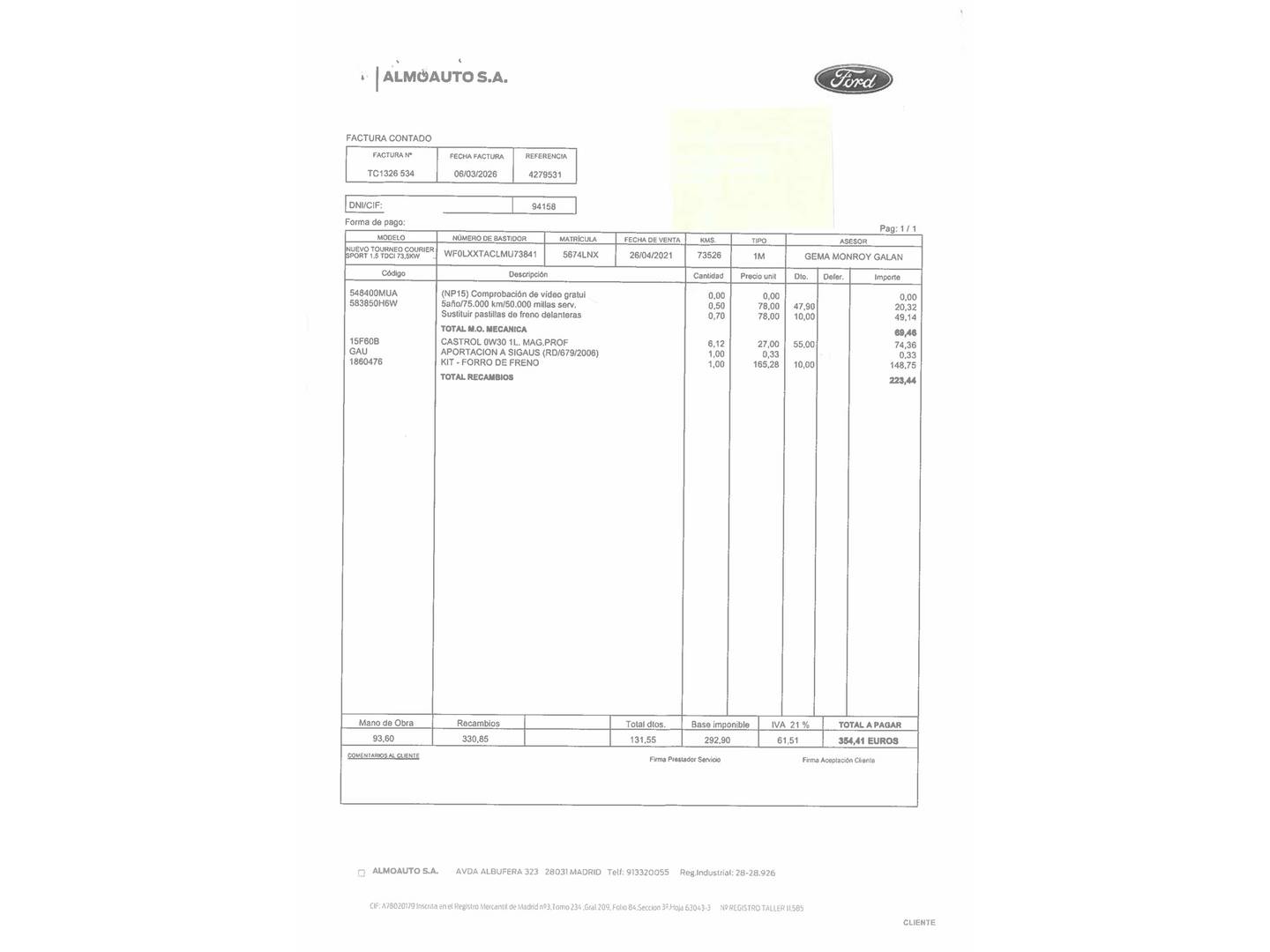 Foto del mantenimiento del Ford Tourneo Courier Ford Tourneo Courier 1.5 TDCi Sport (100 CV)