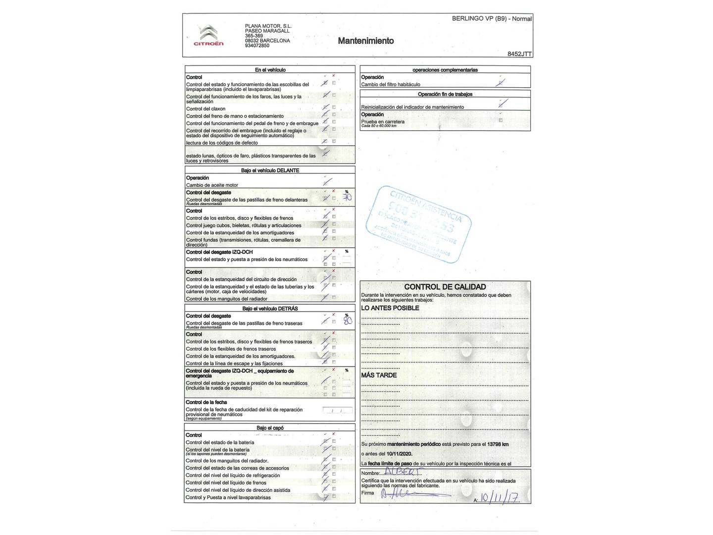 Foto del mantenimiento del Citroën Berlingo Citroën Berlingo Combi PureTech 110 Multispace 20 Aniversario (110 CV)