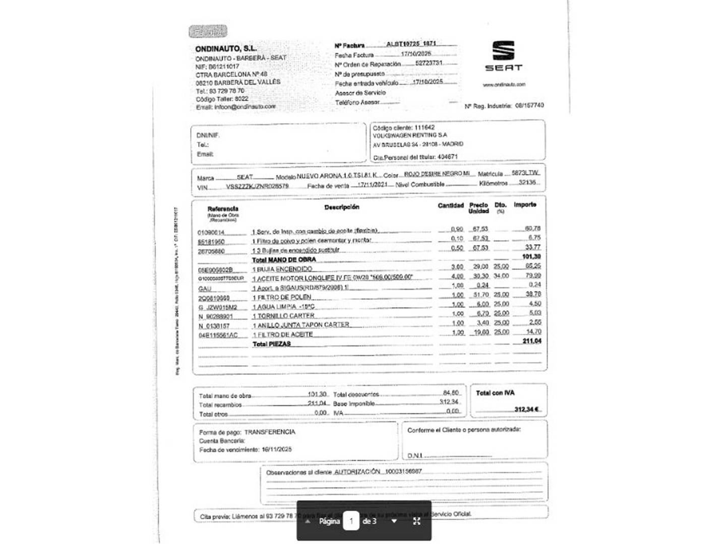 Foto del mantenimiento del Seat Arona SEAT Arona 1.0 TSI S&S FR Plus (110 CV)