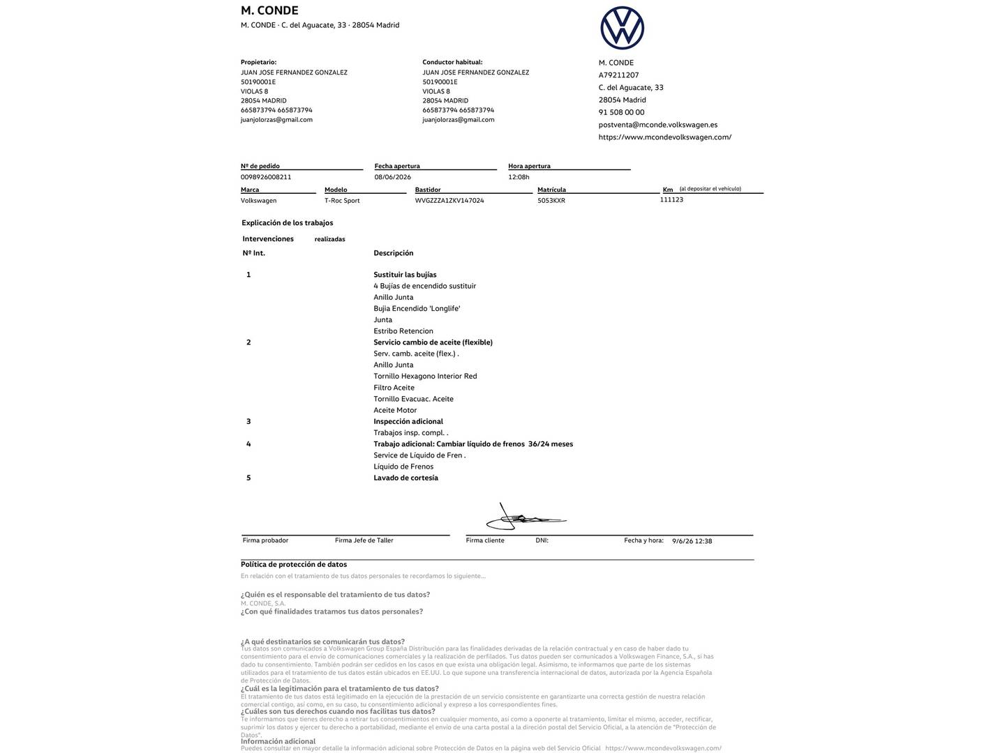 Foto del mantenimiento del Volkswagen T-Roc Volkswagen T-Roc Sport 1.5 TSI (150 CV) DSG
