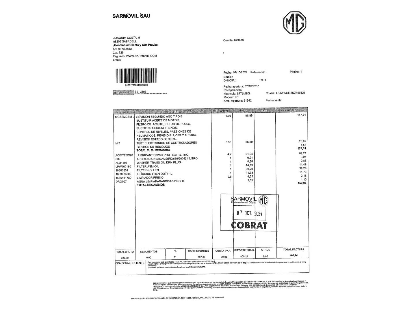 Foto del mantenimiento del MG ZS MG ZS 1.5 Luxury (106 CV)