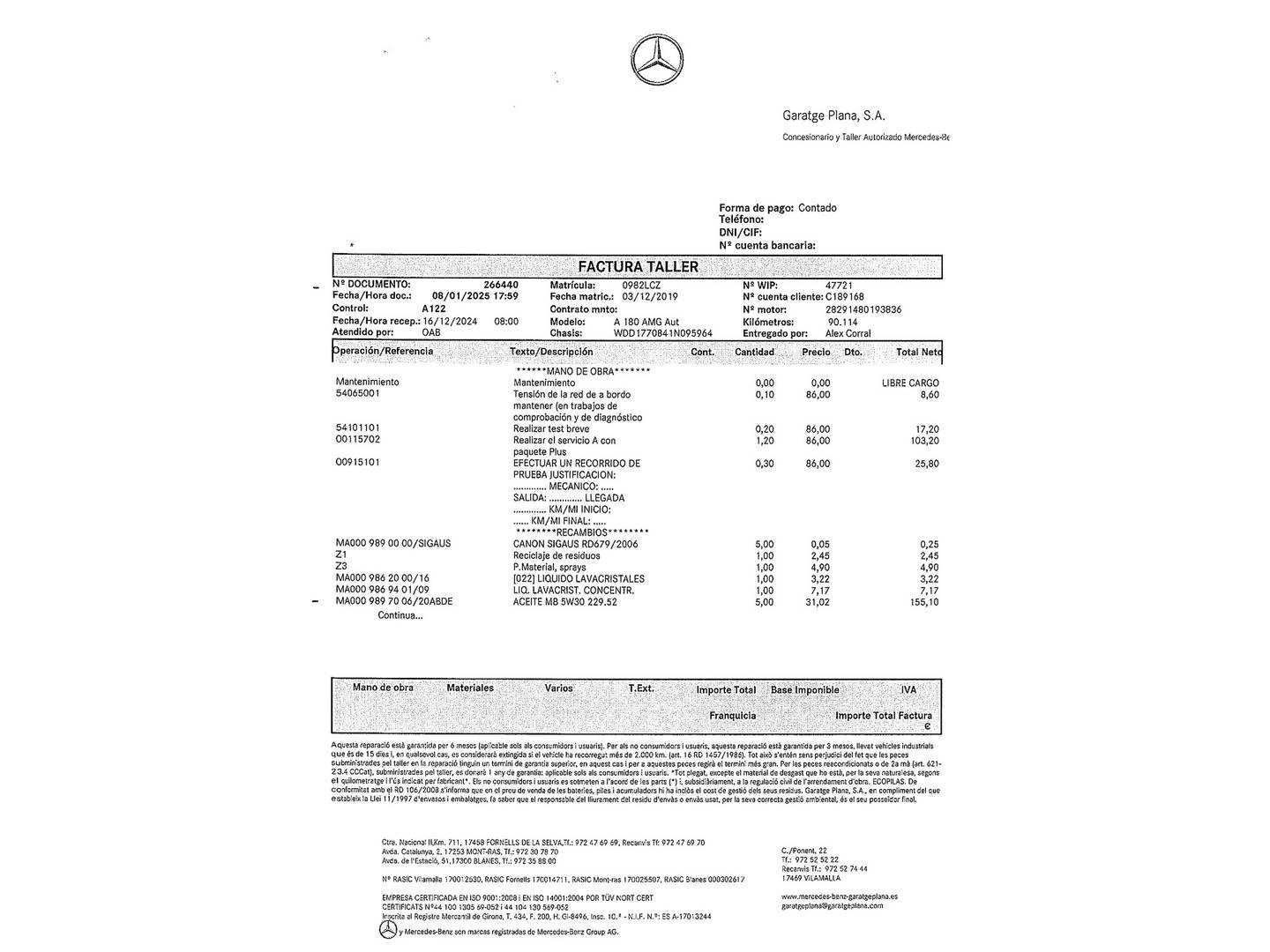 Foto del mantenimiento del Mercedes Clase A Mercedes-Benz Clase A 180 (136 CV)Pack AMG