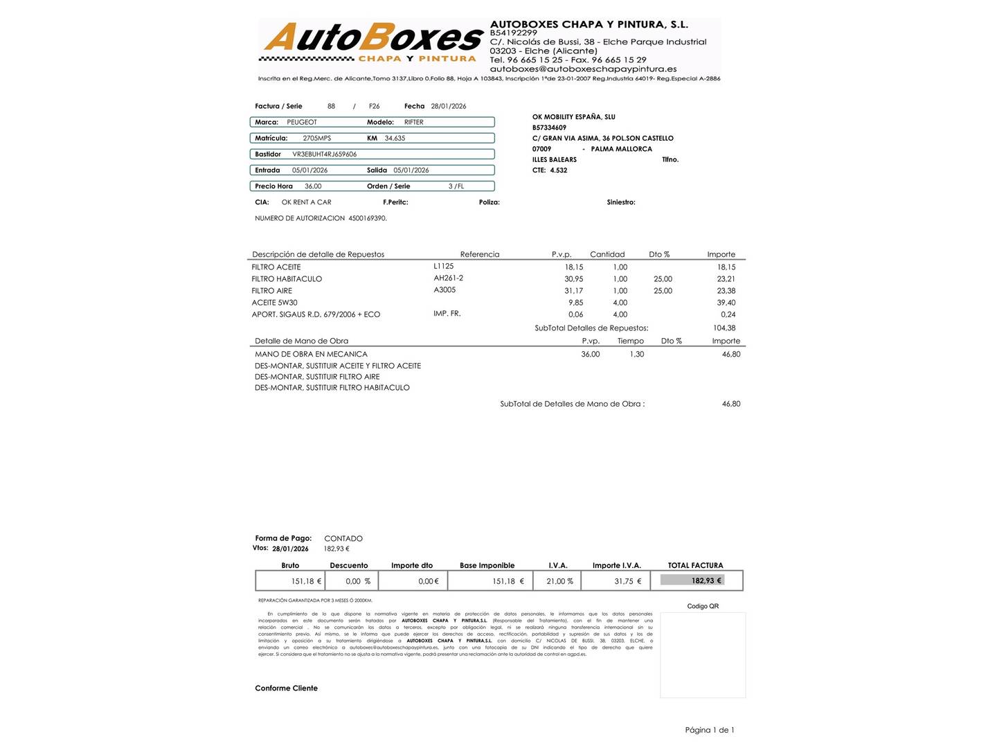 Foto del mantenimiento del Peugeot Rifter Peugeot Rifter BlueHDi 100 Allure (100 CV)
