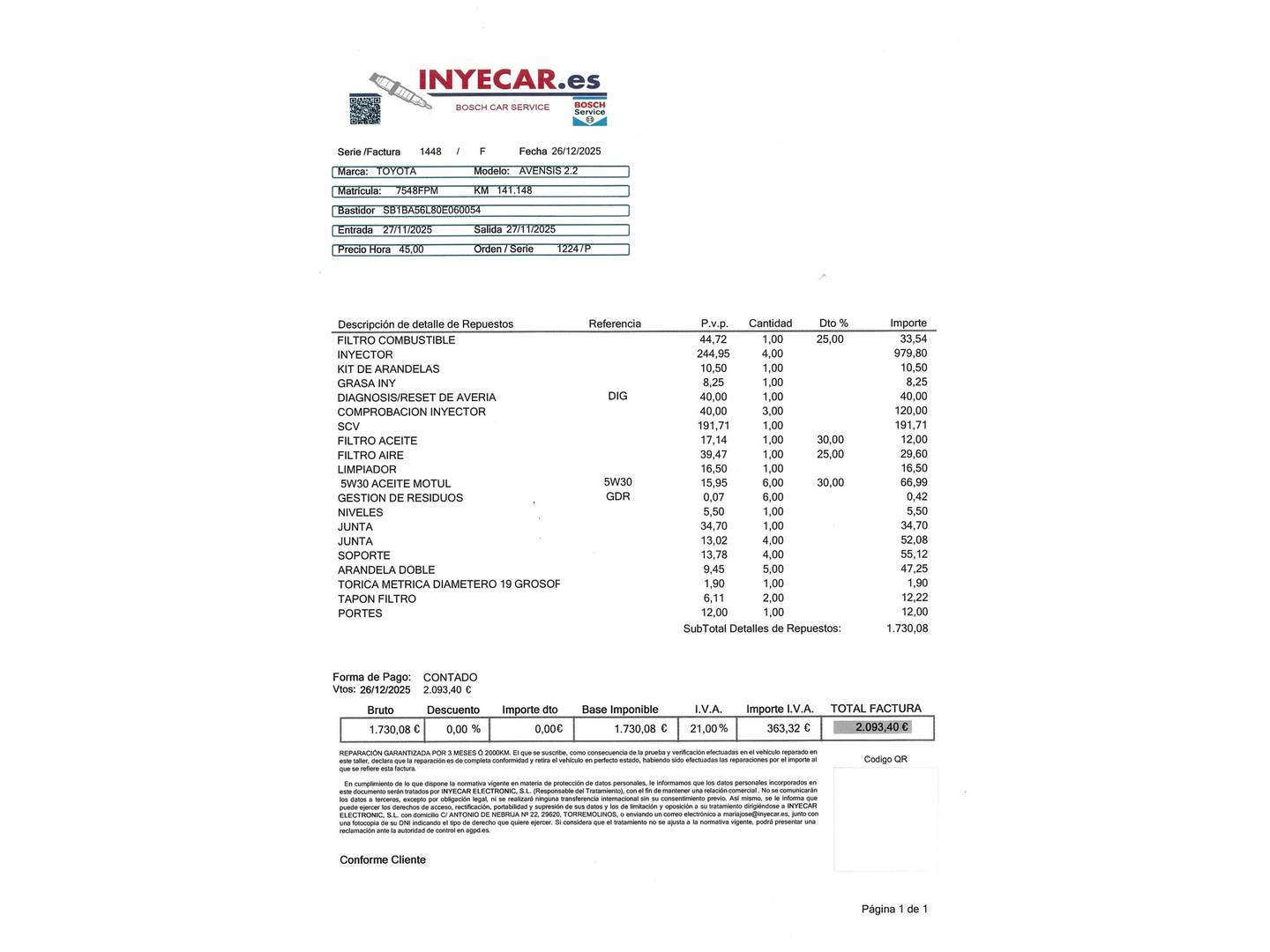 Foto del mantenimiento del Toyota Avensis Toyota Avensis 2.2 D-4D Sol (150 CV)