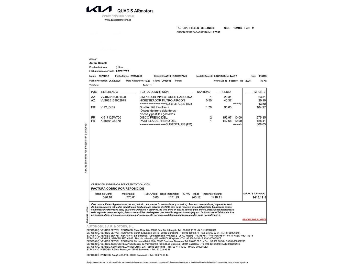 Foto del mantenimiento del KIA Sorento KIA Sorento 2.2 CRDi Drive 4x4 (200 CV) 7 Plazas