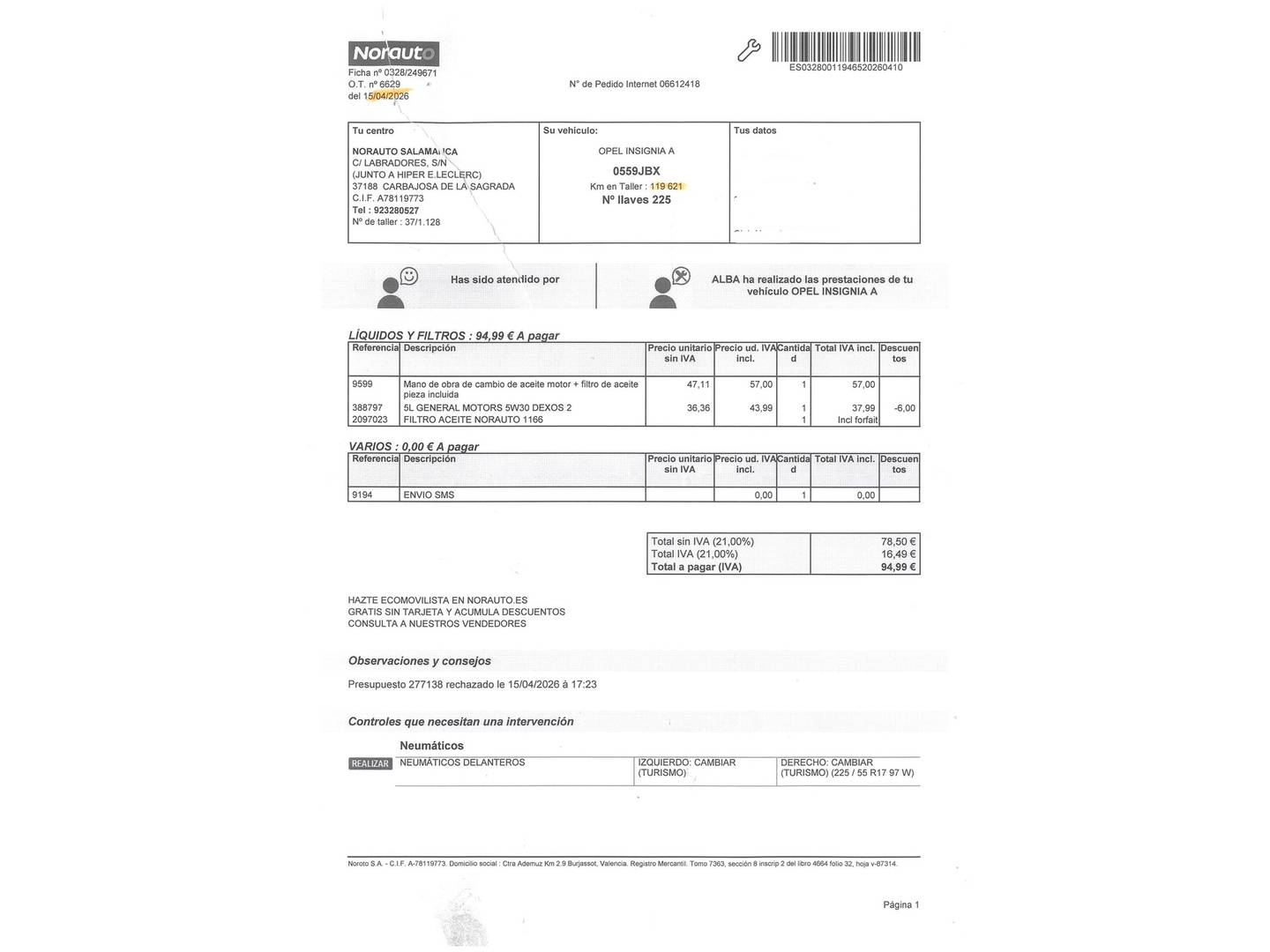 Foto del mantenimiento del Opel Insignia Opel Insignia 2.0 CDTI ecoFlex S&S Selective (163 CV)
