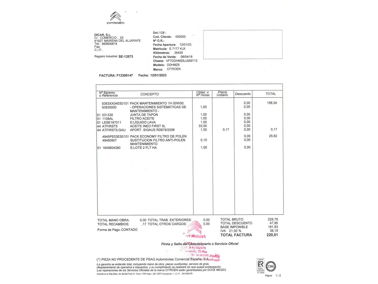Foto del mantenimiento del Citroën C-Elysée Citroën C-Elysee PureTech 82 Shine (82 CV)