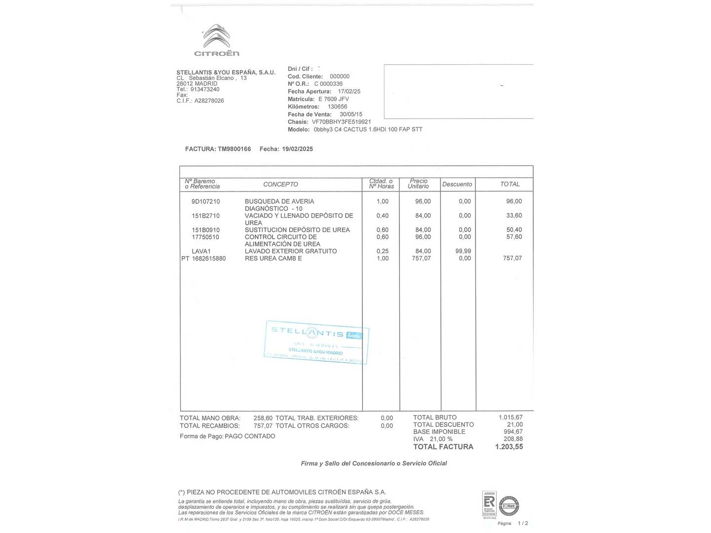 Foto del mantenimiento del Citroën C4 Cactus Citroën C4 Cactus BlueHDi 100 Shine (100 CV)