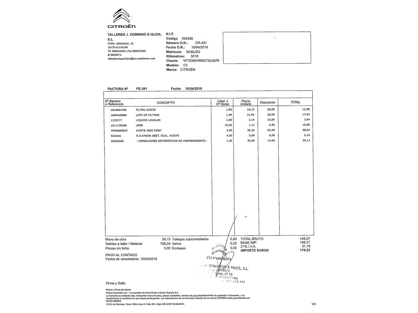 Foto del mantenimiento del Citroën C3 Citroën C3 BlueHDi 75 S&S Shine (75 CV)