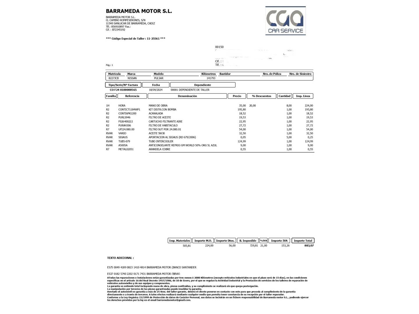 Foto del mantenimiento del Nissan PULSAR Nissan Pulsar dCi 110 Tekna  (110 CV)