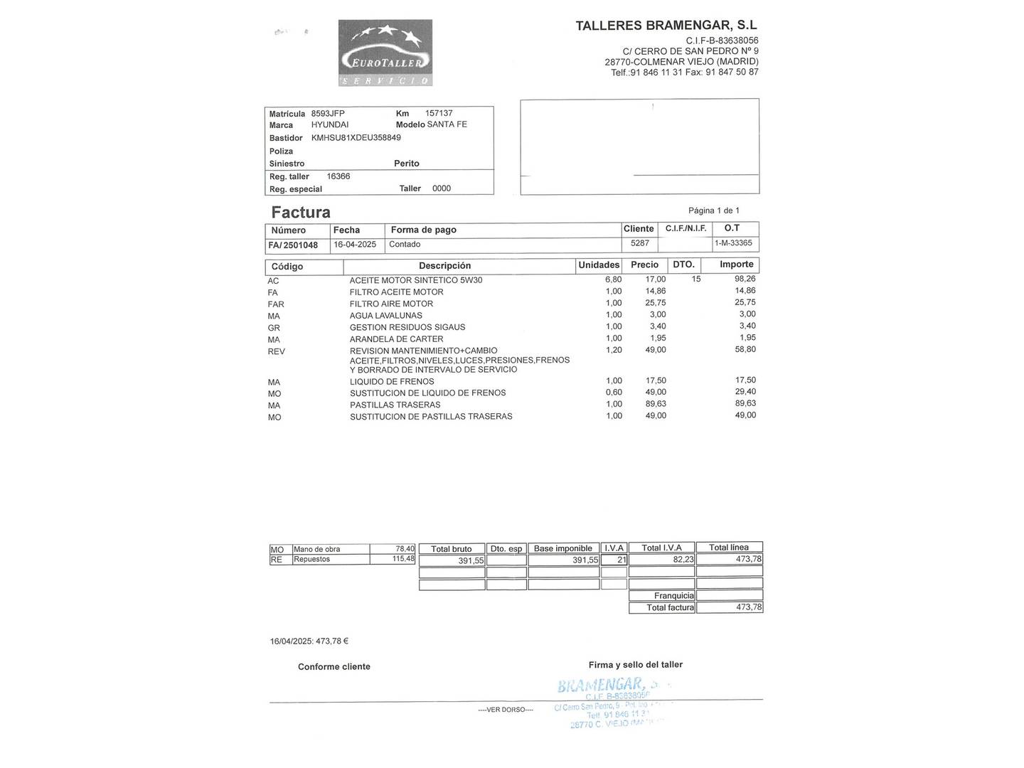 Foto del mantenimiento del Hyundai Santa Fe Hyundai Santa Fe 2.2 CRDI Tecno 4x4 Auto (197 CV) 7 Plazas