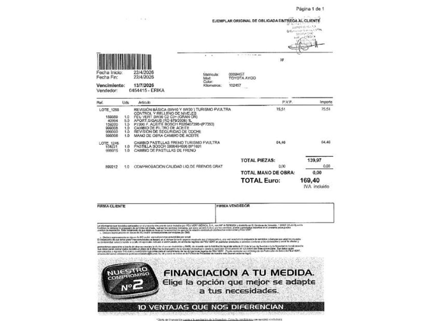 Foto del mantenimiento del Toyota Aygo Toyota Aygo 1.0 VVT-i Connect (68 CV)